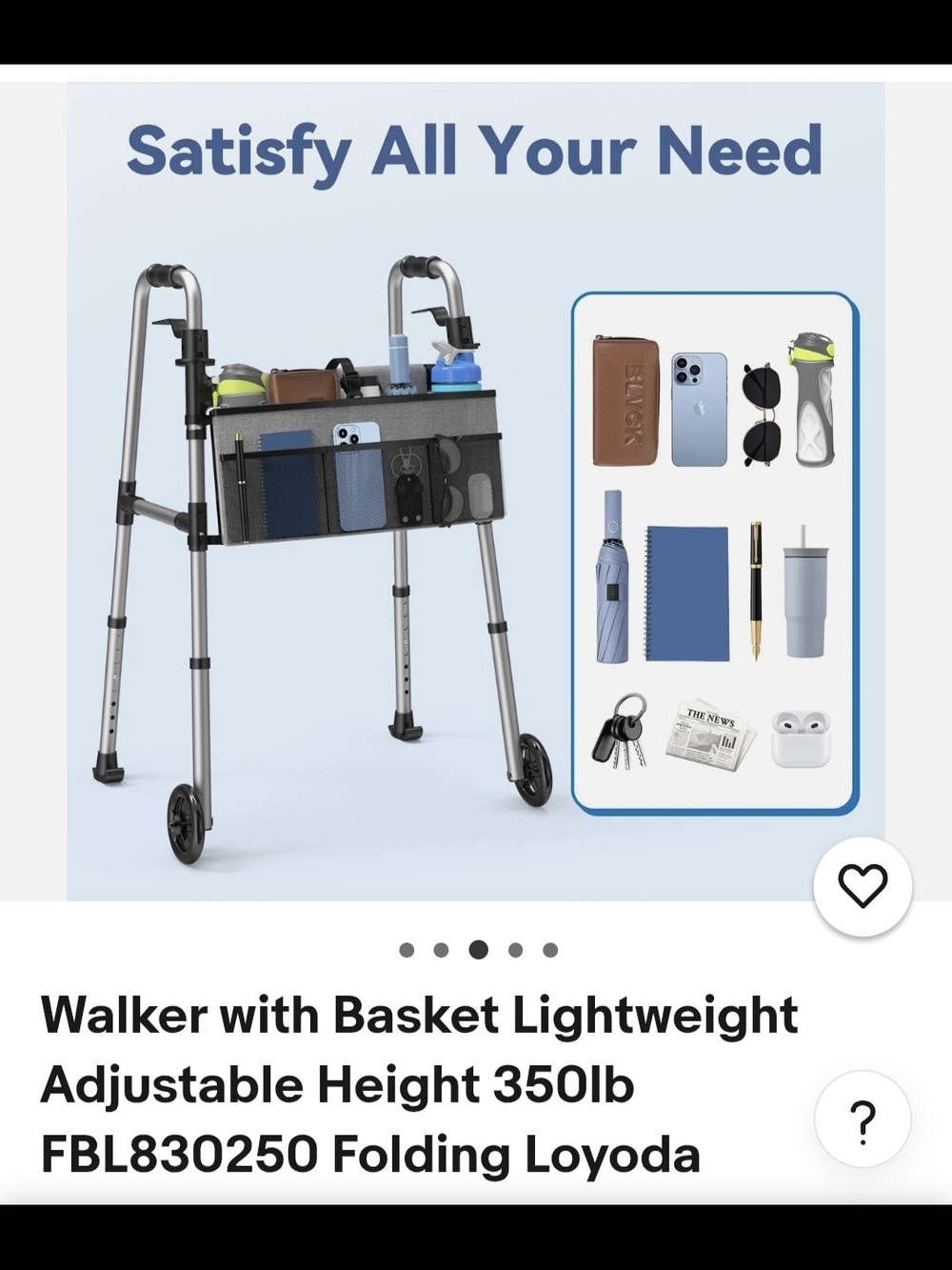 Adjustable Folding Walker with Blue Storage Basket